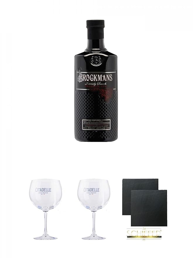 Brockmans Intensly Smooth Premium Gin 0,7 Liter + Citadelle Ballon GIN Glas 1 Stück + Citadelle Ballon GIN Glas 1 Stück + Sch