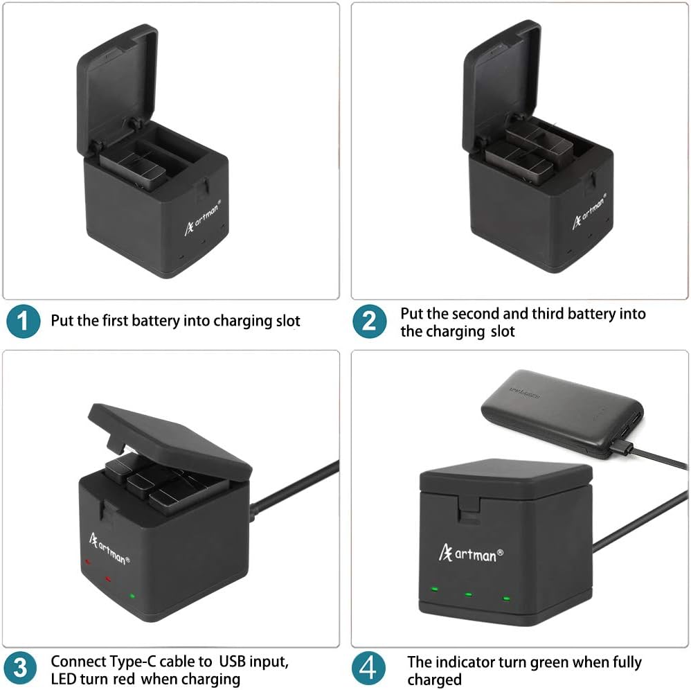Artman Hero 8/7/6 1500mAh Replacement Batteries(3-Pack) and 3-Channel LED USB Storage Charger Compatible with GoPro Hero 8 Black,GoPro Hero 7 Black,Hero 6 Black(Fully Compatible with Original): Home Audio & Theater