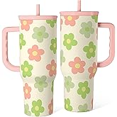 SANDJEST Daisy Tumbler with Handle 40oz, Floral Cup Stainless Steel Insulated Tumblers Coffee Travel Mug with Straw, Flower Cups Gifts for Women Girls Teens Birthday Christmas