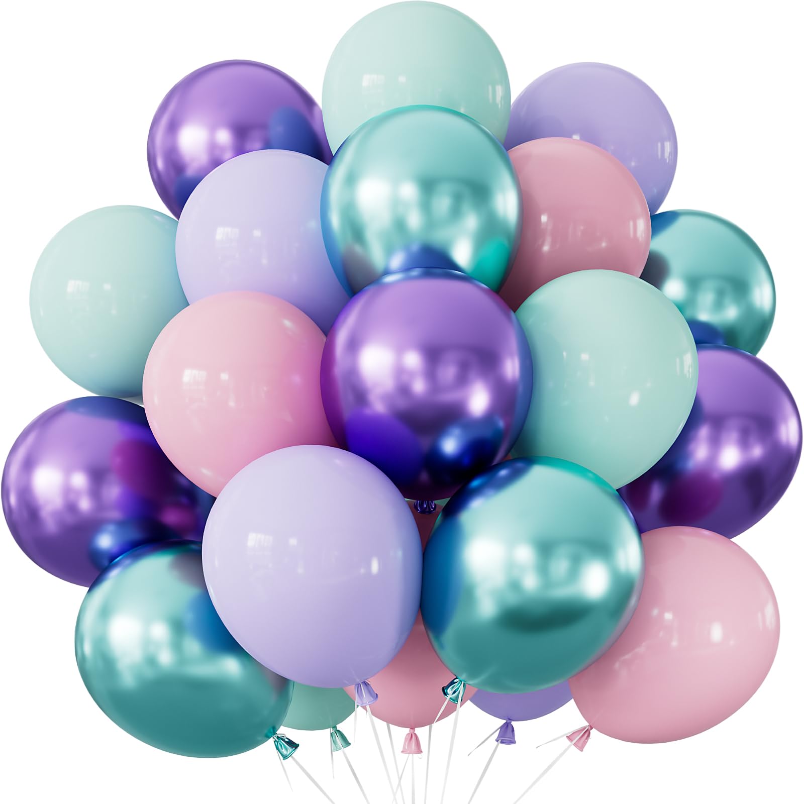 Adeyoo Mermaid Balloons - 12Inch Purple Pink Green Blue Balloons Glitter Metallic Purple Green Balloon Light Teal Latex Balloon for Mermaid Birthday Baby Shower Under The Sea Party Decorations (50Pcs)
