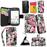 Cellularvilla Wallet Case for Samsung Galaxy Exhibit T599 T-mobile Pu Leather Wallet Card Flip Open Pocket Case Cover Pouch (Black Pink Flower)