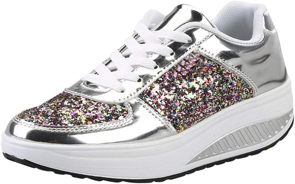 Women's Wedges Sneakers Fashion Sequins Shake Shoes Lightweight Trainers Sport Lace-up Walking Shoes