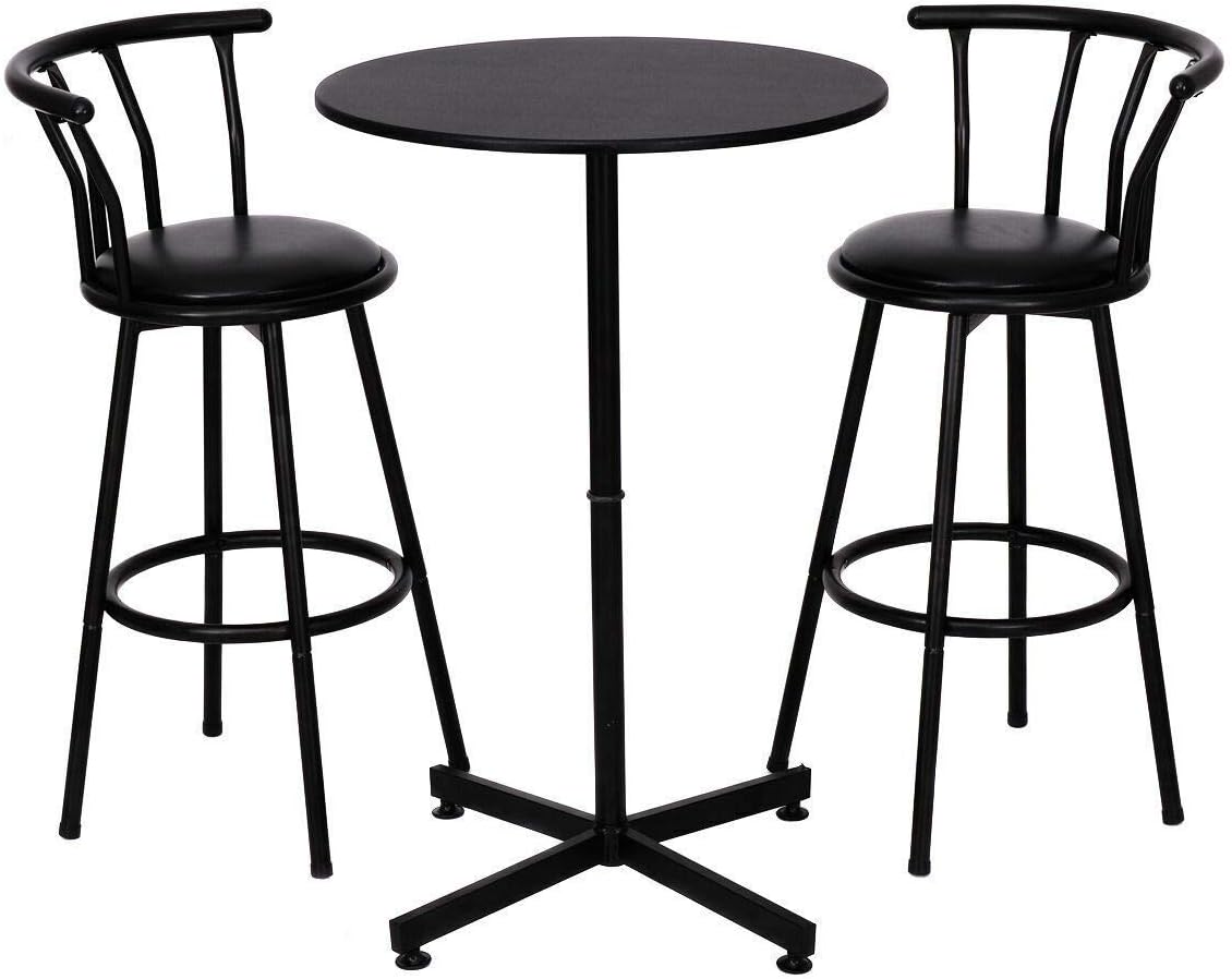 3 Piece 2 Chair Bar Stool Round Table Set with 2 Stools Bistro Pub Kitchen Dining Furniture Black Outdoor Indoor Table Party Garden Pool Beach