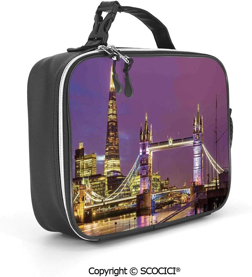 AmaUncle Lunch Bag Tower Bridge in London at Night Historical Cultur Monument Europe Lunch Box Large Capacity Detachable PU Leather Meal Pack,Durable Thermal Lunch Cooler Pack for Boys Men Women
