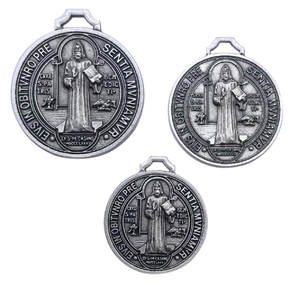 Eurofusioni Saint Benedict of Nursia Medal - 3 Silver Plated Medals Set- Diameters 1,18-1,38-1,58 In