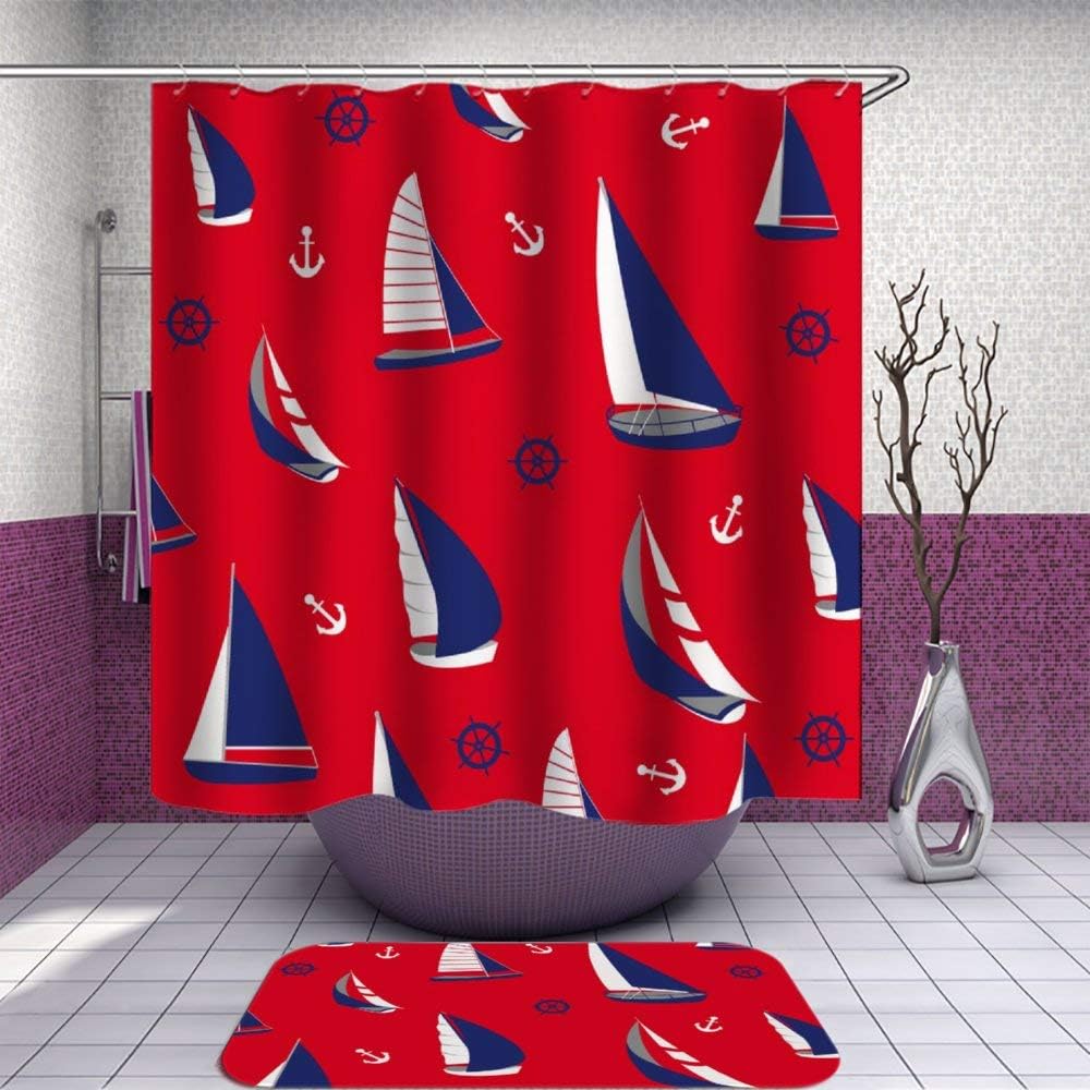 SARA NELL Shower Curtain and Rug Set for Bathroom Blue White Sailboat Anchor Ship Rudder Vector Red Shower Curtain Fabric Bathroom Curtain Set with 12 Hooks - 72 x 72 Inch