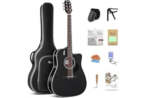 Rosen Solid Top Dreadnought Acoustic Guitar 41 Inches Spruce Guitar Beginner Bundle with Book, Padded Bag, Strings, Picks, Tu