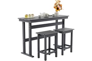 AZXZCS 3 Pcs HDPE Outdoor Bar Set of 2 Includes Bar Height Table and Chairs, Patio Bar Stools Set for Bistro, Poolside, Backyard, Gray