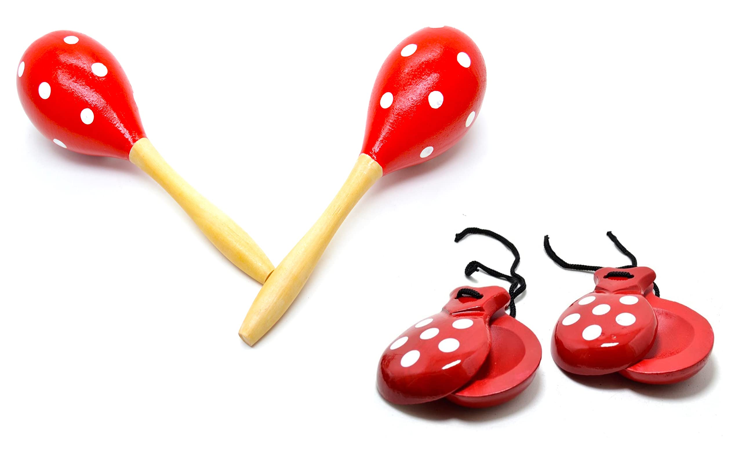 Maracas and Castanets Adult Red and White Musical Set Complete Spanish Polka Dot Colors, Traditional Spanish Colors, Rumba Stirrers Tracketing Hand Percussion