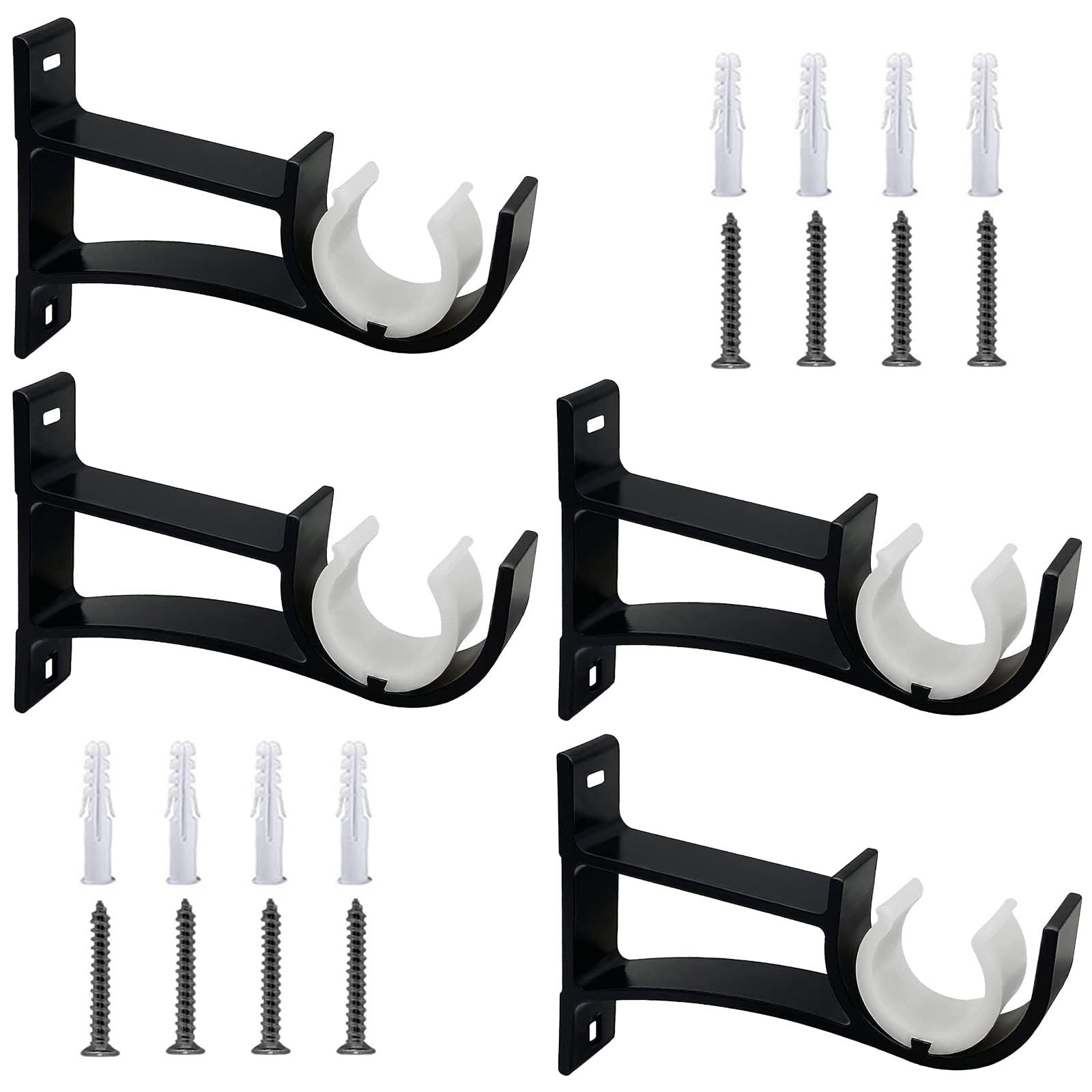 Curtain Pole Brackets, 1 Inch Black Heavy Duty Curtain Rod Bracket Metal Single Curtain Rod Holders for Wall Curtain Pole Holder Rail Support for 25mm-30mm Drapery Pole, Set of 4