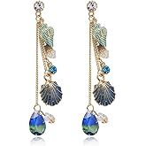 Sparkly Bohemia Long Tassel Blue Ocean Shell Flower Dangle Earrings Shine Rhinestone Scallop Beach Earrings for Women Charm Statement Colorful Crystal Jewelry