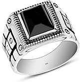 LeCalla 925 Sterling Silver Black Onyx Stone Men's Ring | Handmade Antique Engraved Design Ring for Men | Gifts for Dad, Husband (Size 8-10 No.)