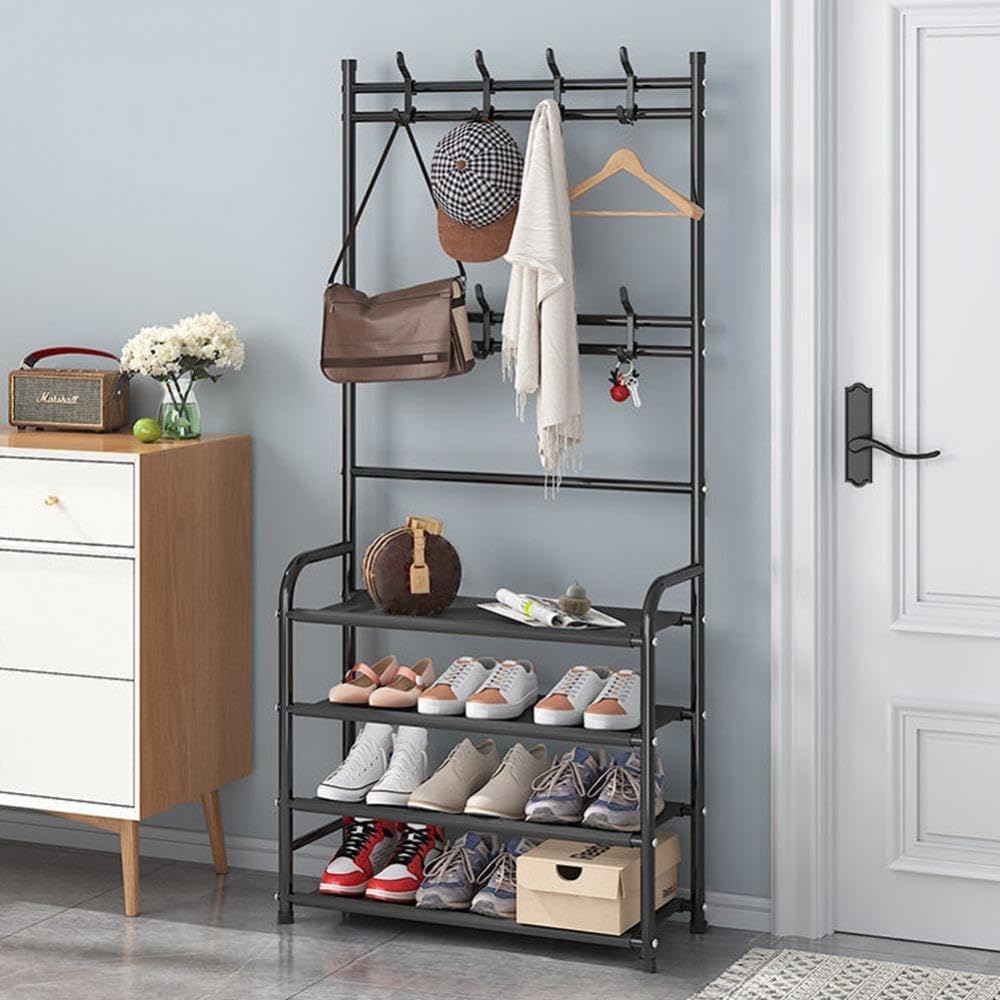 Gelory 4-Tier Coat Stand & Shoe Organizer Black for Hallway/Entryway