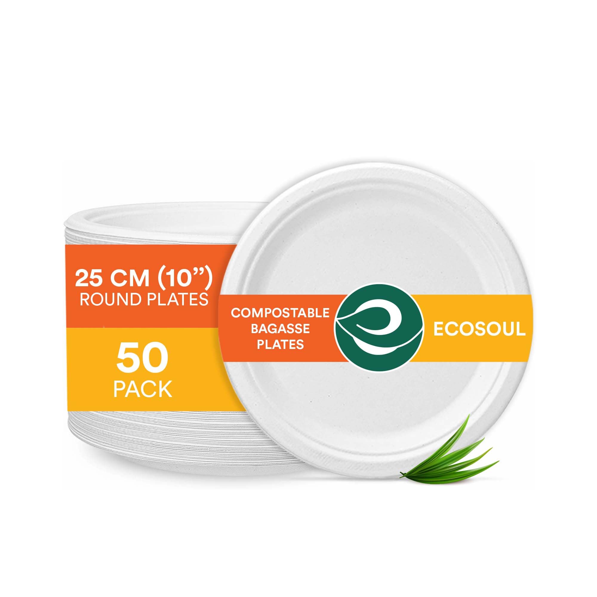 ECO SOUL Paper Plates (25Cm) 10" [50-Pack] Heavy Duty Compostable Sugarcane Bagasse Dinner Plates | Eco Friendly Biodegradable Disposable Plate for Dinner, Parties & Events(White)
