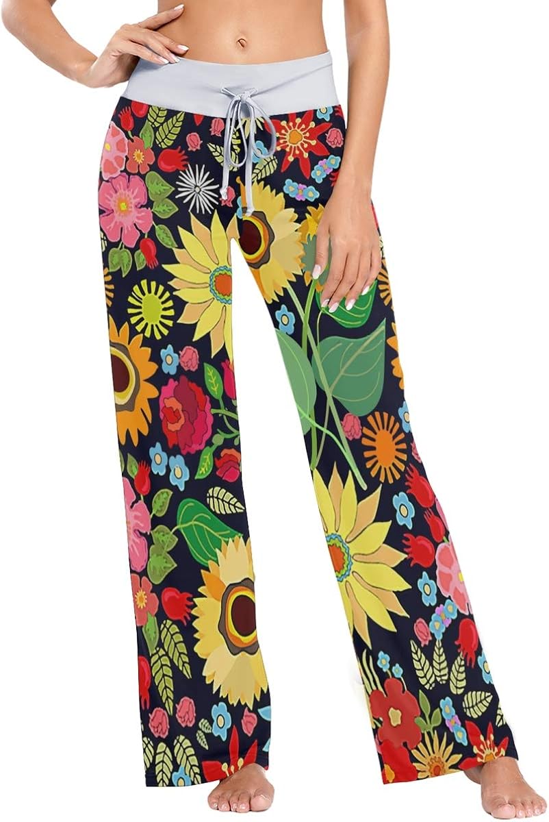 Floral Sunflower Pajama Pants Stretch Sleep Trousers Wide Leg Lounge