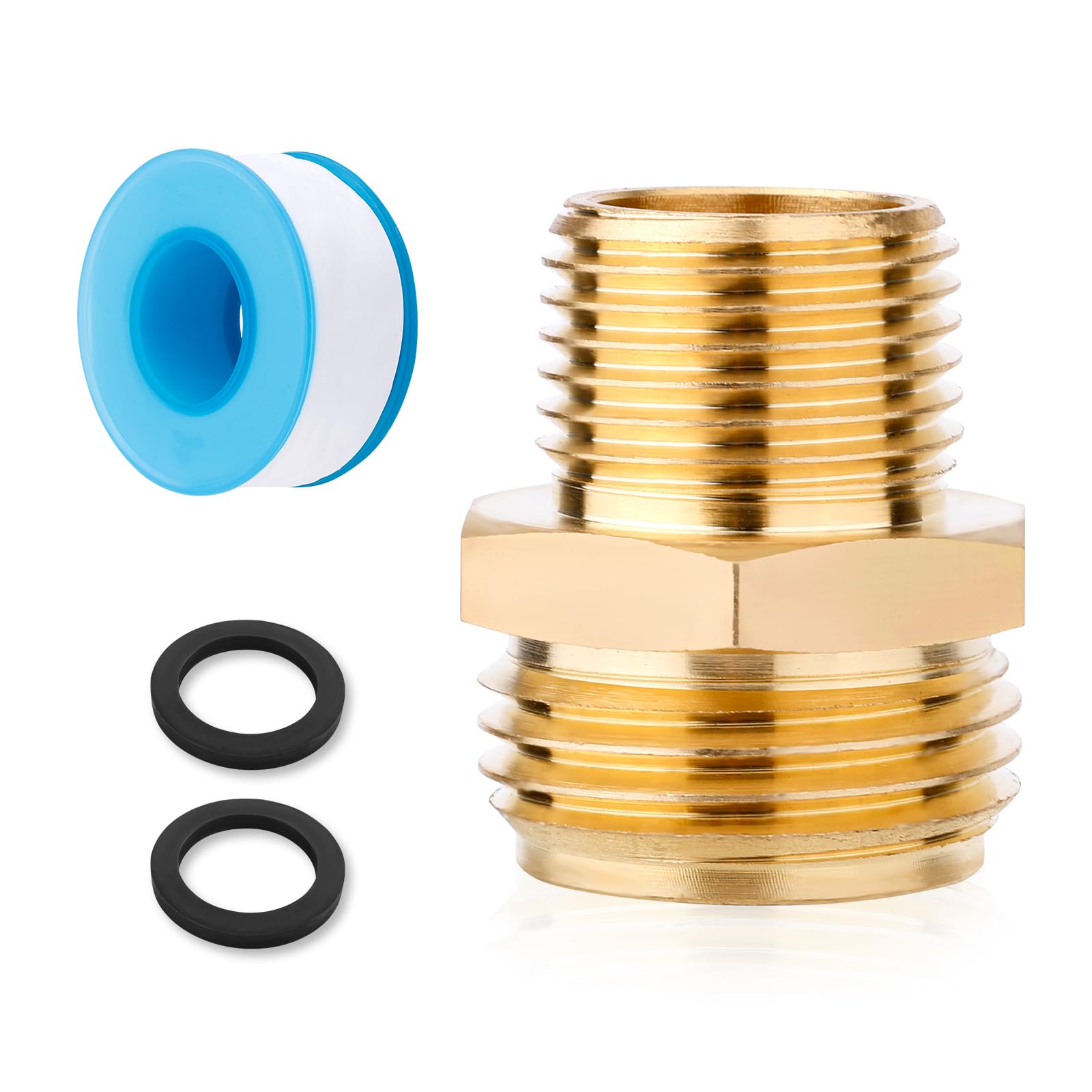 Photo 1 of Brass Garden Hose Adapter, 3/4" GHT Male to 1/2" NPT Male Water Hose Adapter Connector Pipe Fitting Connect with Gaskets and Thread Seal Tape for Garden Bathroom Shower