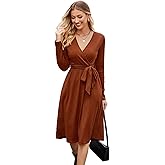 Newshows Womens 2025 Fall Dresses Teacher Church Business Casual Work Outfits Knit Midi Sweater Pockets Belt Dress