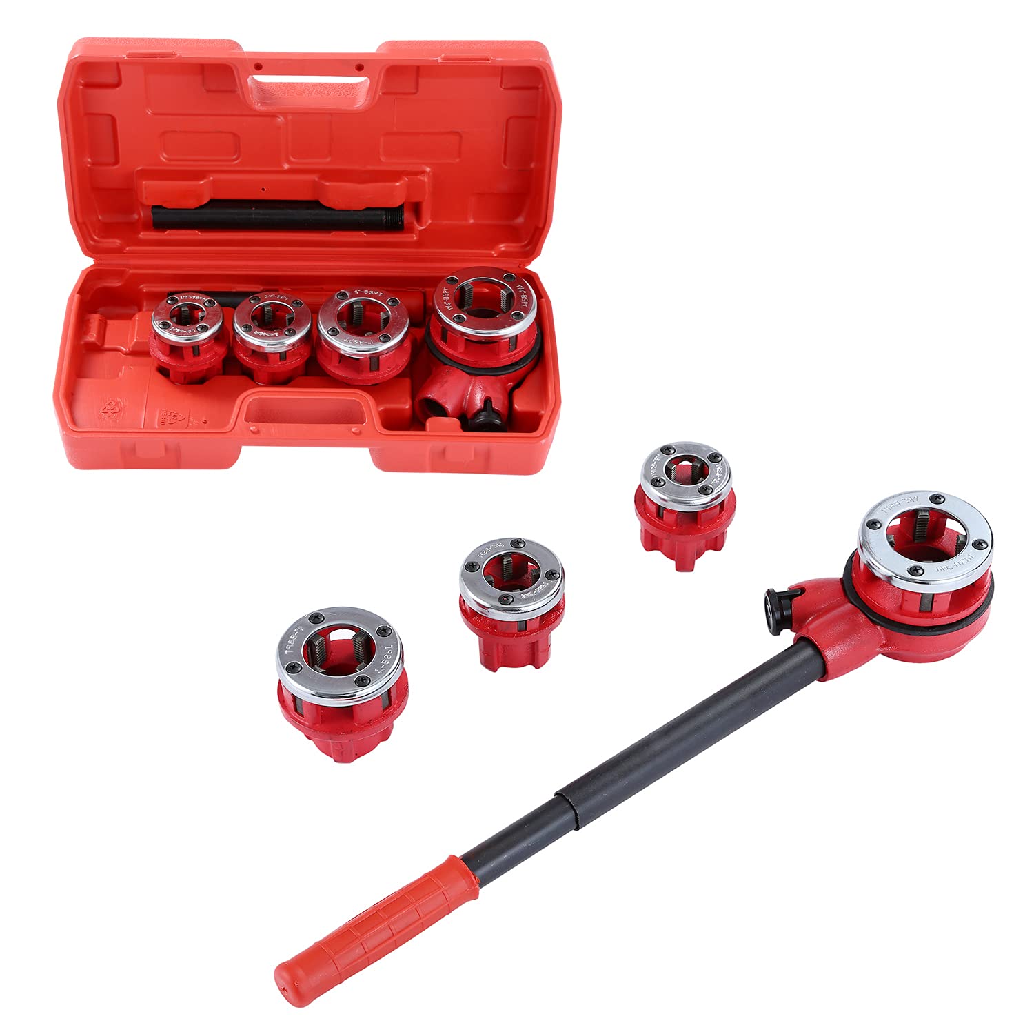 KATSU Tools Pipe Threading Kit Manual Plumbing Steel Threader Set with 4 Dies 1/2" 3/4" 1" 1-1/4" for Water Pipe Installation 318504