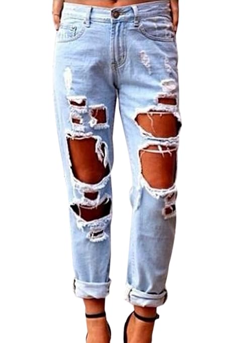 YACUN Damen Sommer Boyfriend Jeans löcher Hose Ripped Jeanshose Mit Loechern Röhrenjeans Bleistifthose