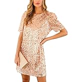FEMI SEMI Women Puff Short Sleeve Sparkle Shift Dress Crewneck Sequin Shimmer Cocktail Party Dress