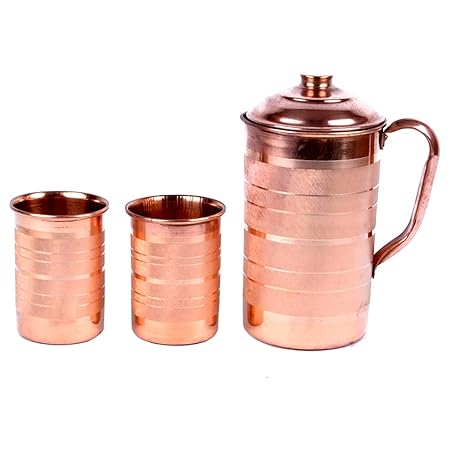 Hand-e-Crafts Brown Color Copper Jug - 1500 ml and 2 Glass Sets (400 ml each)