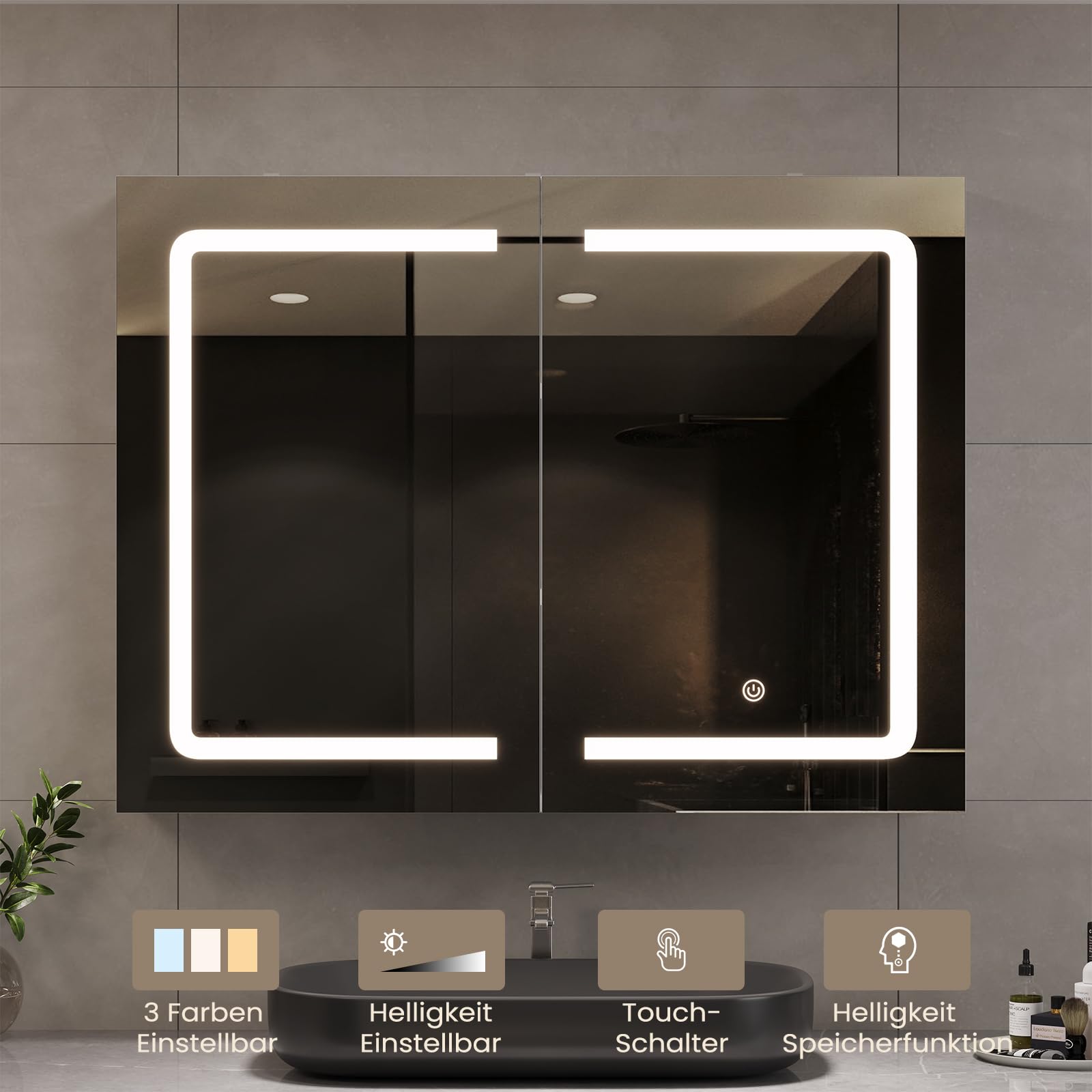 DICTAC Badezimmer spiegelschrank mit Beleuchtung 80x60x16cm Spiegelschrank Bad mit LED und Steckdose 80 cm Breit Doppeltür Badschrank mit Spiegel und Ablage,Hängeschrank,Berührung Sensorschalter,Weiß 2