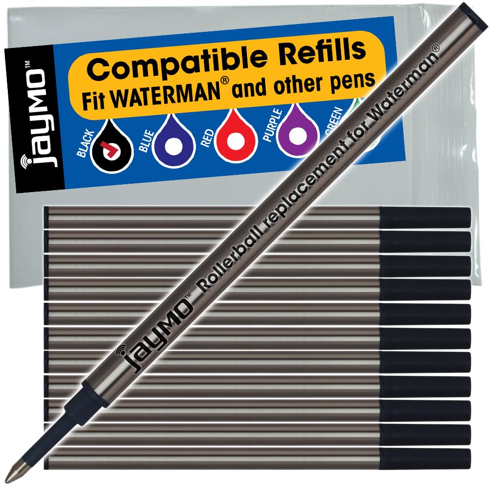 Jaymo Replacement for Waterman 540951 - Measures 4.3 in / 109 mm Long - Rollerball Pen Refill - 12 Black โ image 1