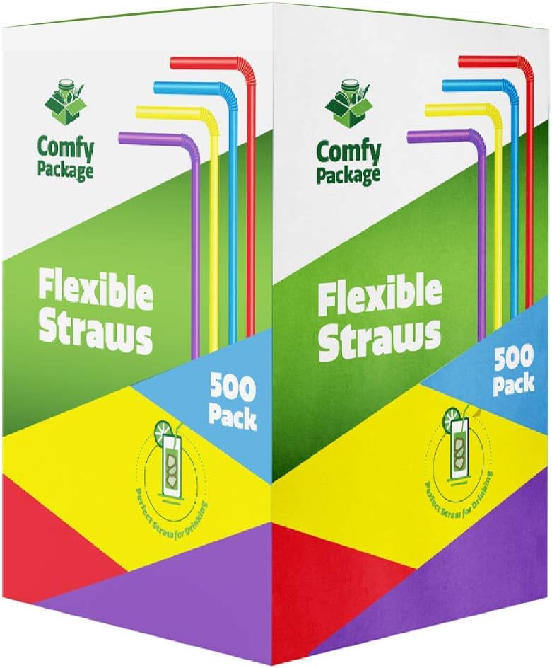 [500 Pack] Flexible Disposable Plastic Drinking Straws - Assorted Colors: Kitchen & Dining