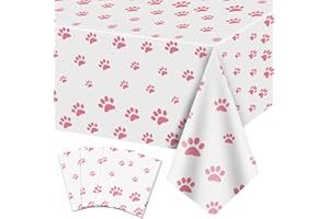 QUERICKY 4 Pack Puppy Paw Print Tablecloths, 51x87'' Pink Plastic Disposable Table Cover for Pet Themed Party Decorations for Cat Dog Birthday Party Supplies Lets Pawty Party Supplies