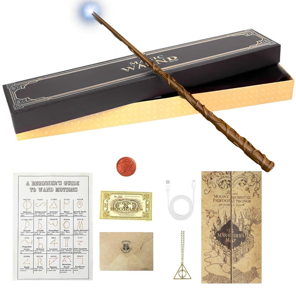 RNPKZ Magic Wand, 38 cm Her-mione Light Up Wand, Magic Wands in Gift Box with Spell Card, Station Ticket & Necklace Bracelet, Dumbledore Magice Wands in Gift Box Suitable for Halloween Costume Parties