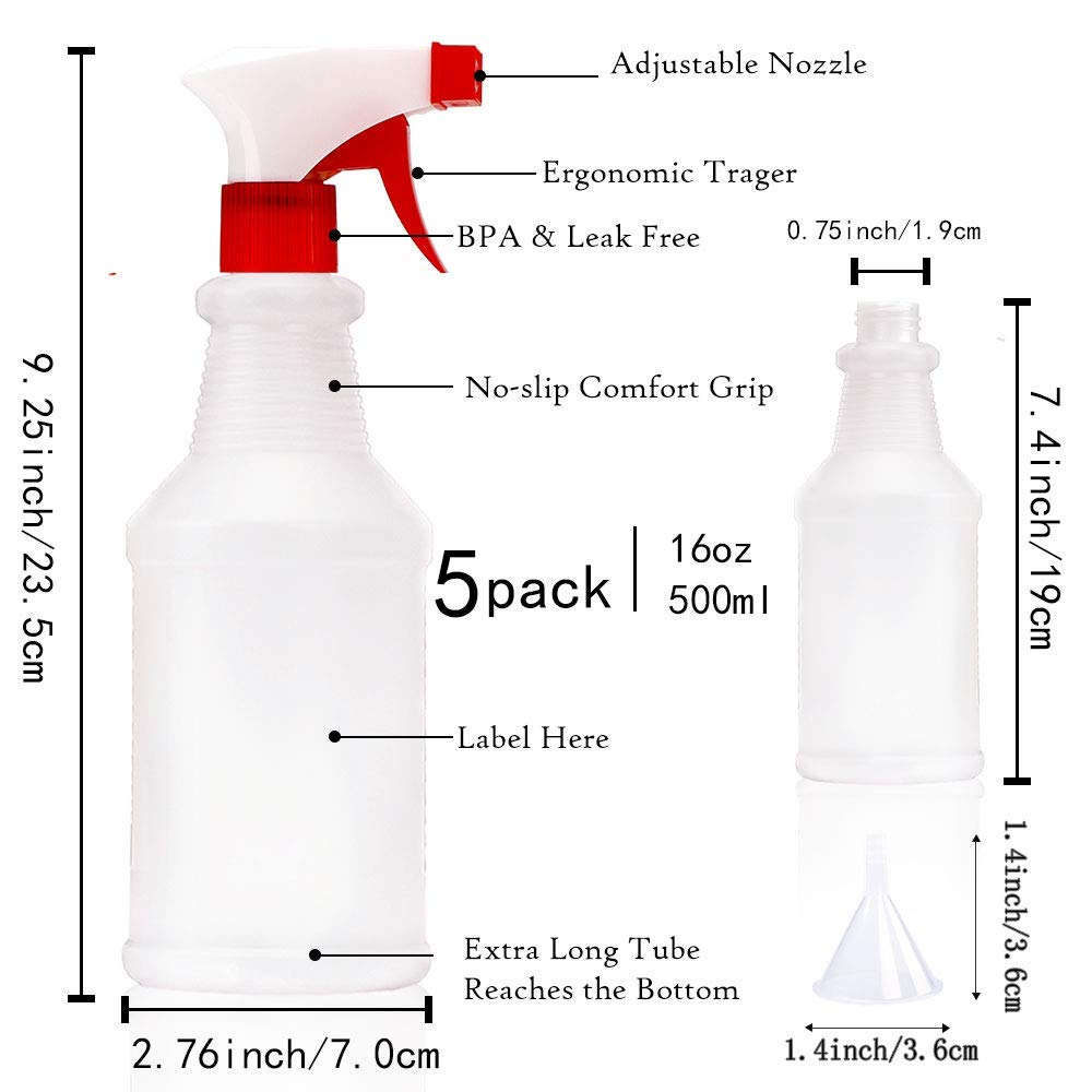 HATOKU Spray Bottles, 5pcs 16oz, Refillable Empty Spray Bottle for Cleaning Solutions, Commercial, Household, Chemical Resistant, Adjustable Nozzle for Essential Oils, Alcohol Safe: Industrial & Scientific