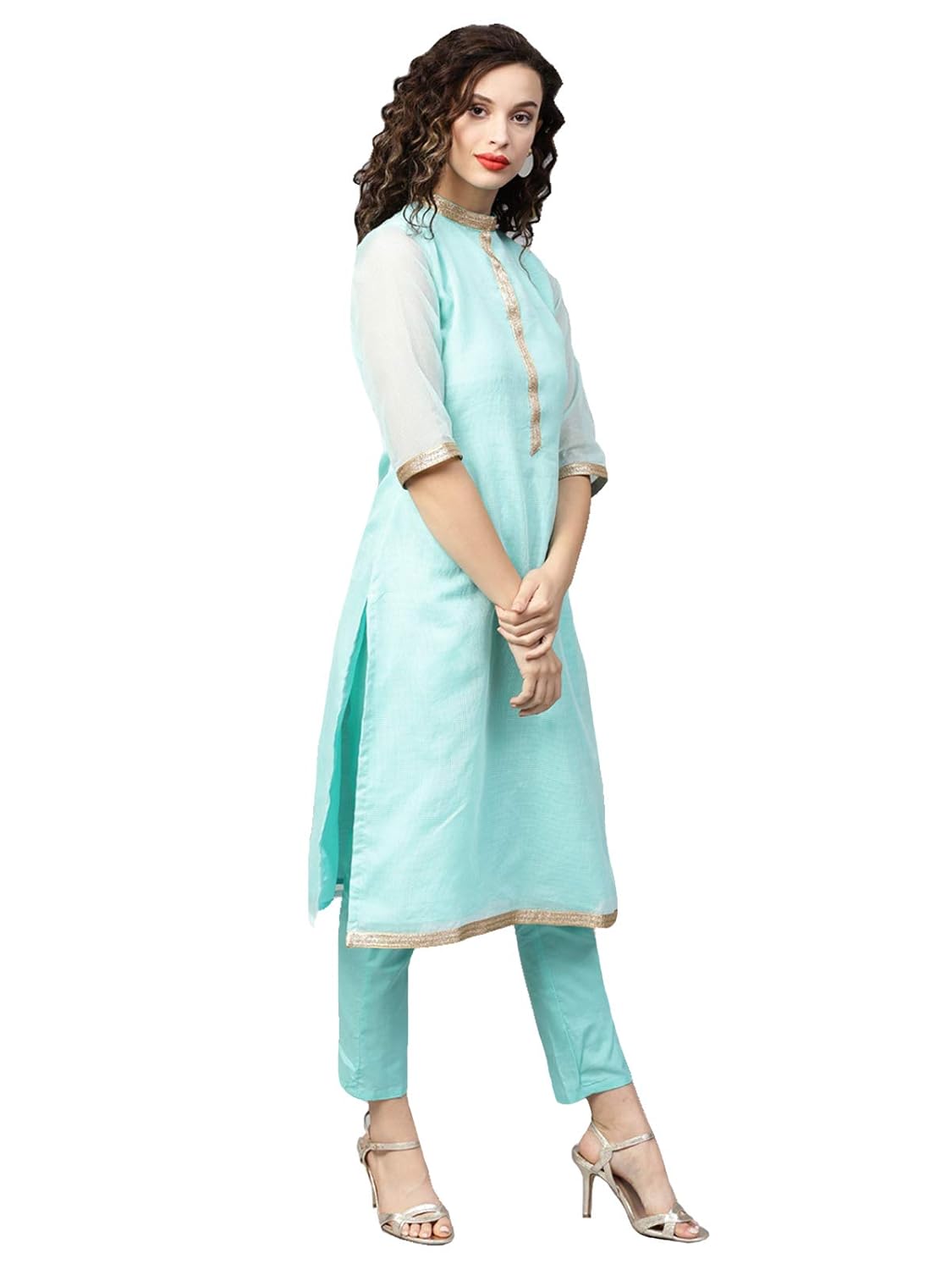 inddus blue cotton kota-checks party wear suit set with dupatta