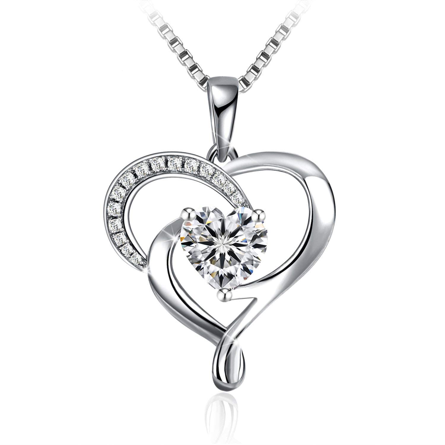 wynn's Silver Necklace for Women, 925 Sterling Silver Necklace Jewellery Gift for Wife Mom, Love Heart Pendant Necklace with Cubic Zirconia, Gift for Birthday Anniversary Christmas Mother's Day