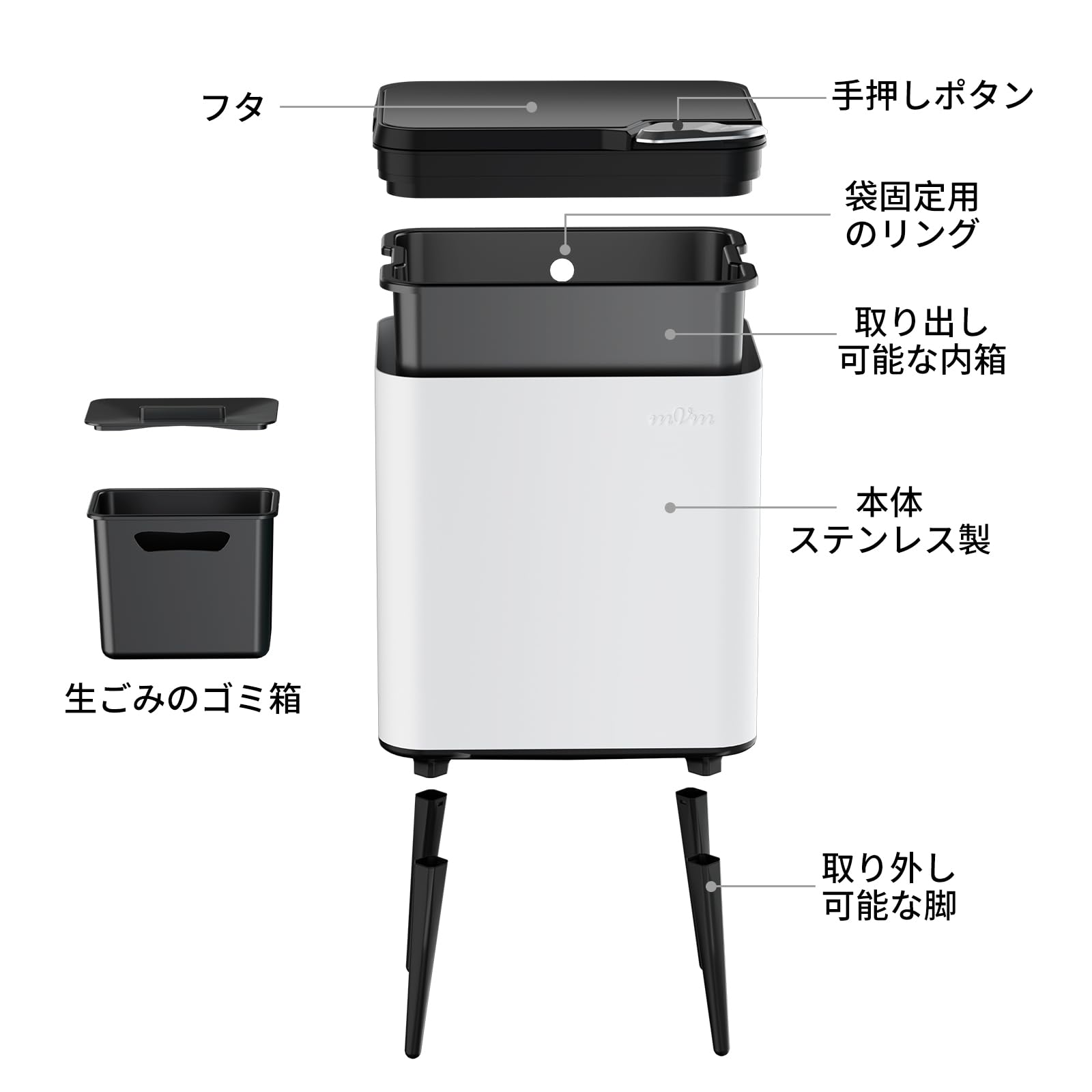 mvm ゴミ箱 2分別 ふた付き スリム おしゃれ ステンレス ダストボックス 36L大容量 脚付き 消臭設計 指紋防止 生ゴミ分別可能 袋が見えない キッチン オフィス用 ホワイト