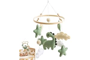 Dinosaur Mobile - Felt Cloud Decor Green Crib Bell, Handmade Cotton Animal Charm | Nursery Ceiling Hanging Piece for Creating