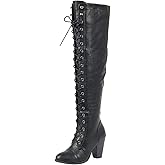 Forever Women's Chunky Heel Lace Up Over-The-Knee High Riding Boots,Black Pu,9