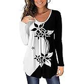 BeadChica Women's Casual Tunic Tops To Wear With Leggings Long Sleeve Floral Henley Blouses Botton Up Shirts-Print-S