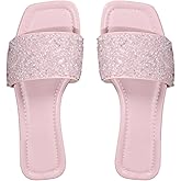 GORGLITTER Women's Sparkly Rhinestone Flat Sandals Summer Vacation Beach Square Toe Glitter Strappy Wedding Shoes Slide Sandals