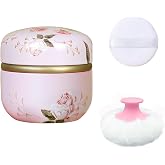 Qopoto Body Powder Puff and Container for Dusting Powder (Romantic Flowers) | Women Powder Puff and Powder Case for Bath and Travel
