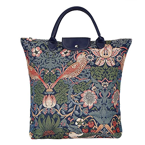 Signare Blue Floral William Morris Strawberry Thief Tapestry Fold-able Reusable Grocery Shopping Bag (FDAW-STBL)