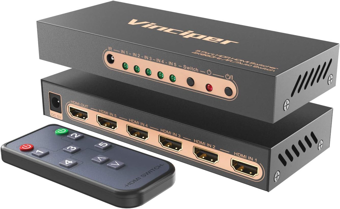 Vinciper HDMI Switch 5 Ports (5 x 1) 4K@ 60Hz HDMI 2.0 Switcher with IR Remote Control Support HDR & HDCP 2.2 Pass-Through & 3D &Full HD 1080P,Compatible for PS3/PS4, Xbox, Apple TV,Blu-Ray Player