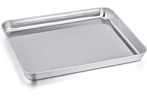 Small Baking Toaster Oven Pan, P&P CHEF Stainless Steel Toaster Oven Tray, Rectangle 12.5’’ x 9.7’’ x 1’’, Non Toxic & Healthy, Mirror Finish & Easy Clean
