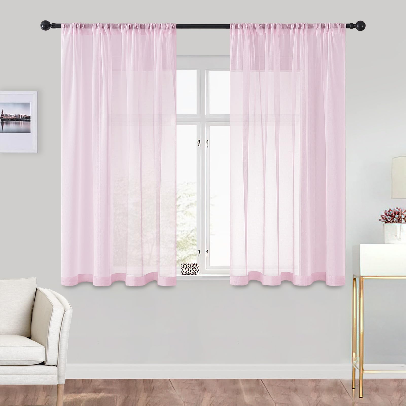 CUTEWIND A Pair of Pink Sheer Curtains 54 Inch Length Voile Drapes Curtains for Cafe Window Café Nursery Girls' Living Room Rose Pink with Rod Pocket Sets of 2 Panels(Baby Pink,55" x 54")