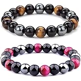 ZZ ZINFANDEL 2Pcs Anti Anxiety Obsidian Bracelets for Women Men Lymphatic Drainage Hemios Hematite Elastic Bangles Sets Yoga Beads Stress Relief Bracelets Anklet
