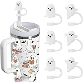 6 PCS Halloween Straw Toppers for Stanley 30&40 Oz Tumbler, 10mm/04in Straw Covers Cap for All 9-10mm Straws, Dust-Proof Reusable Protector Topper for Water Bottle-White ghost