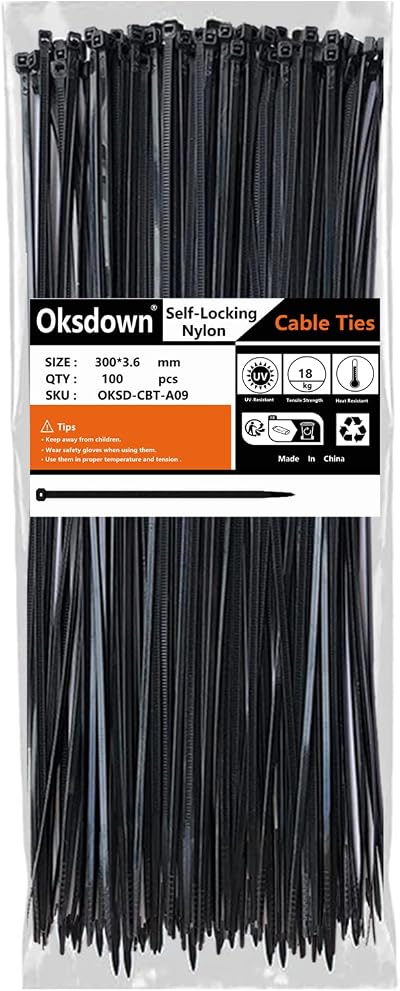 Oksdown 100 Pack Black Cable Ties 300mm 3.6mm Heavy Duty Nylon 18kg