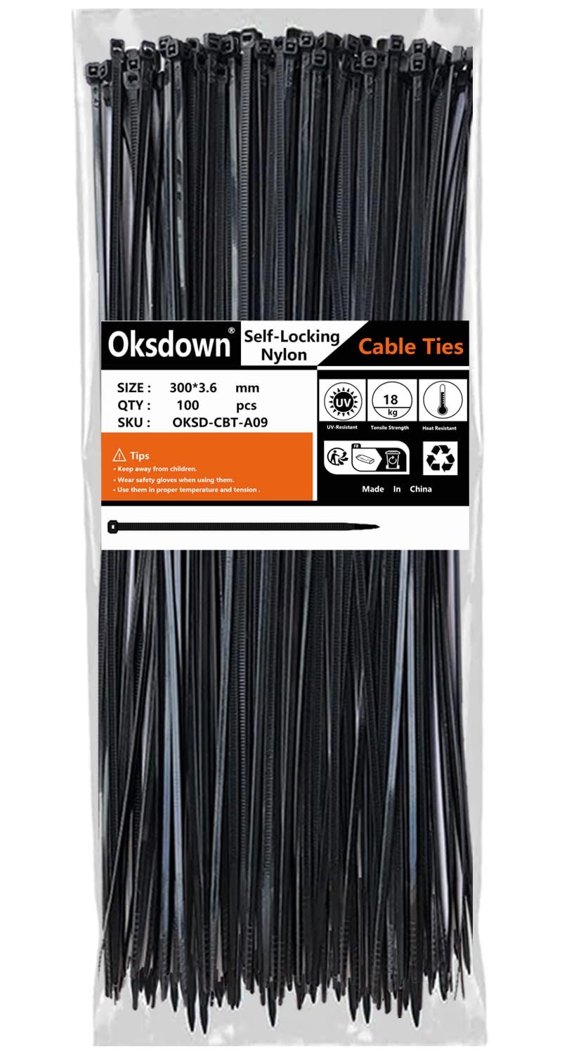 Oksdown 100 Pack Black Plastic Cable Ties 300mm×3.6mm Heavy Duty Strong Nylon Premium Self Locking 12 inch/30 cm Long Zip Tie Wraps