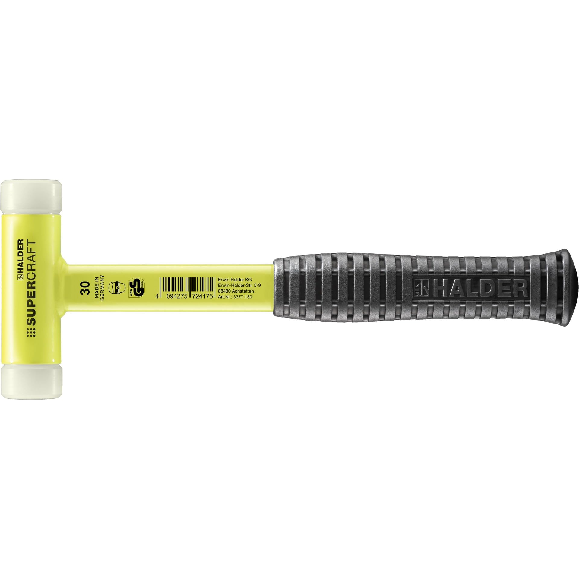 Halder 3377130 Mallet with Break-Proof Steel Tube Handle, Yellow, 30 mm