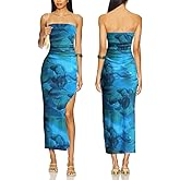 ALENDA DANMOS Womens Strapless Printed Midi Dress with Slit Floral Mesh Tube Top Dresses Ruched Bodycon Party Club Dress 333