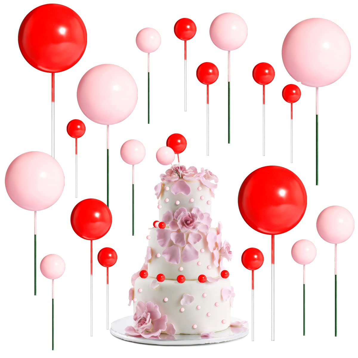 66pcs Mini Balloon Cake Topper Foam Balls Cupcake Topper Pearl Balls Cake Picks DIY Cake Insert Topper Cup Cake Topper Set Baking Decoration for Wedding Birthday Valentines Cake Decoration(Red, Pink)
